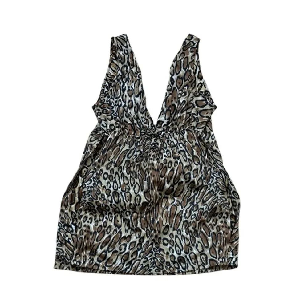 70s Vintage Flair Lingerie Nylon Leopard Print Vneck Slip Dress Small - Picture 1 of 6